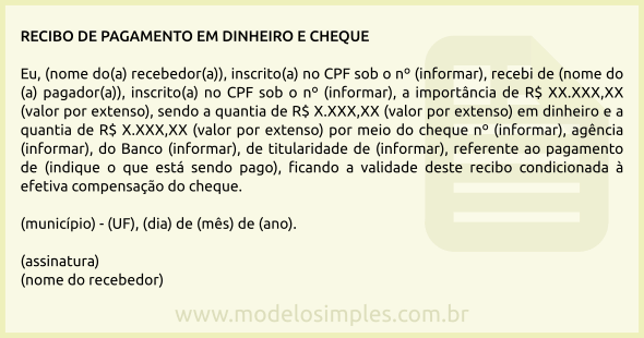 Modelo de Recibo de Pagamento em Dinheiro e Cheque