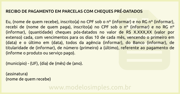 Modelo de Recibo de Pagamento em Parcelas com Cheques Pré-Datados