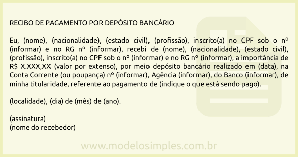 Modelo de Recibo de Pagamento por Depósito Bancário