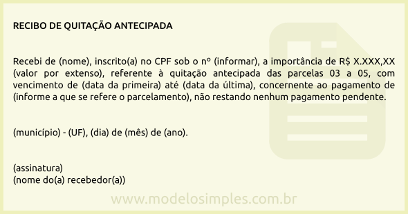 Modelo de Recibo de Quitação Antecipada