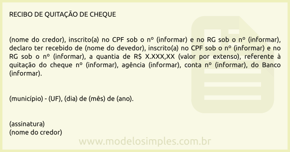 Modelo de Recibo de Quitação de Cheque