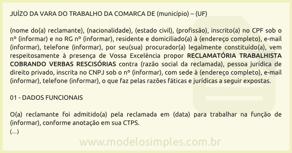 Modelo de Reclamação Trabalhista Cobrando Verbas Rescisórias