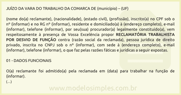 Modelo de Reclamação Trabalhista por Desvio de Função