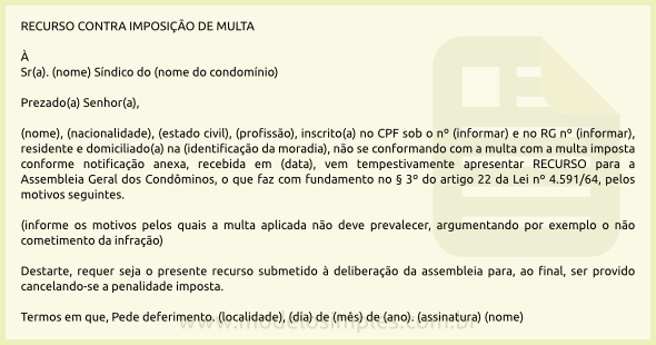 Modelo de Recurso contra Multa aplicada pelo Síndico de 