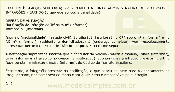 Modelo de Recurso de Multa Com Dois Veículos na Fotografia