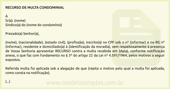 Modelo de Recurso de Multa Condominial