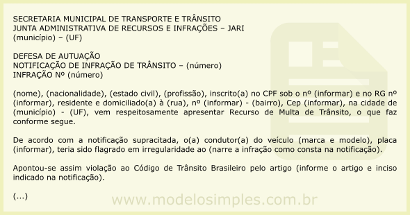 Modelo de Recurso de Multa por Descrição Incorreta do Veículo