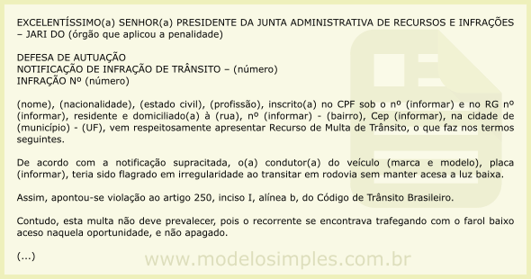 Modelo de Recurso de Multa por Dirigir em Rodovia com Farol Apagado
