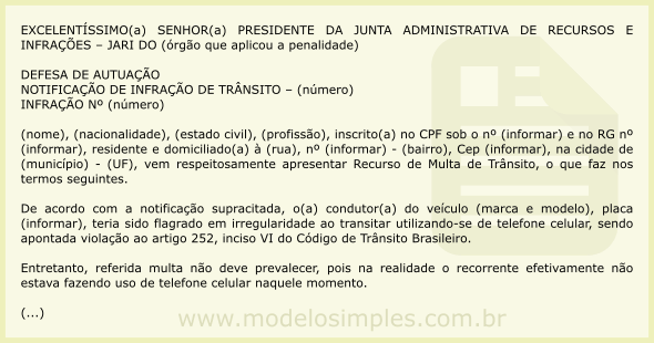 Modelo de Recurso de Multa por Dirigir Falando ao Celular