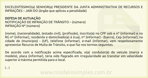 Modelo de Recurso de Multa por Excesso de Velocidade