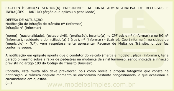 Modelo de Recurso de Multa por Parar na Faixa devido ao 