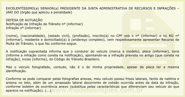 Modelo de Recurso de Multa por Placa Clonada