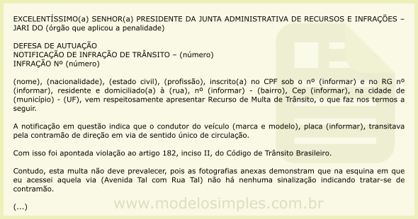 Modelo de Recurso de Multa por Transitar na Contramão