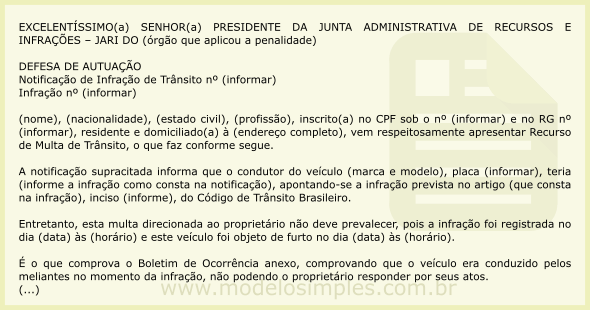 Modelo de Recurso de Multa por Veículo Furtado