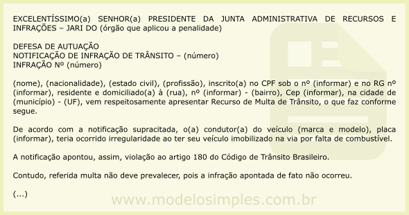 Modelo de Recurso de Multa por Veículo Imobilizado por Falta de Combustível