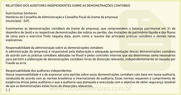 Modelo de Relatório dos Auditores Independentes Sobre as Demonstrações Contábeis