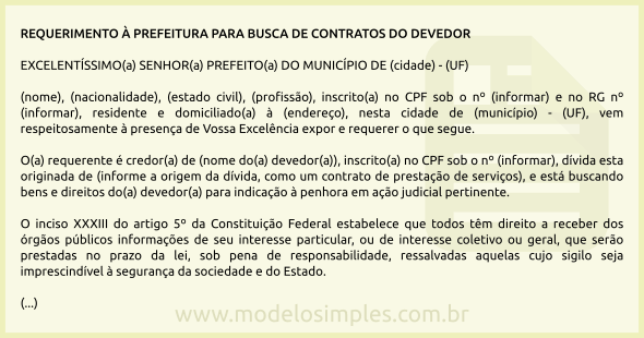 Modelo de Requerimento à Prefeitura para Busca de Contratos do Devedor