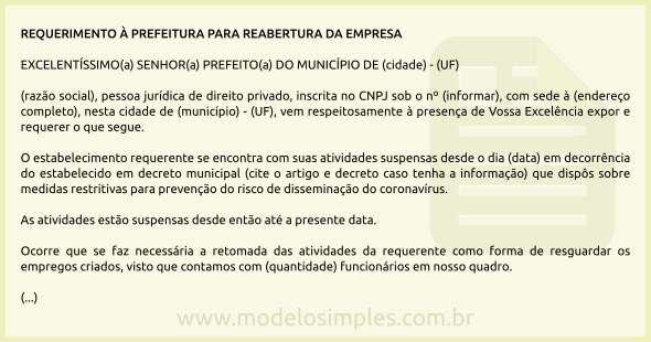 Modelo de Requerimento à Prefeitura para Reabertura da Empresa