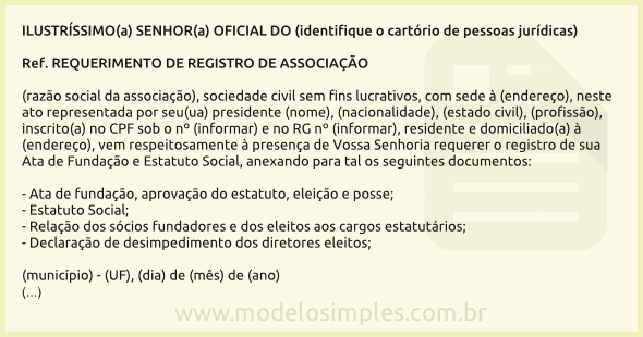 Modelo de Requerimento ao Cartório para Registro de Associação