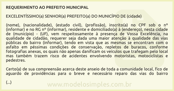 Modelo de Requerimento ao Prefeito Municipal