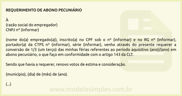 Modelo de Requerimento de Abono Pecuniário