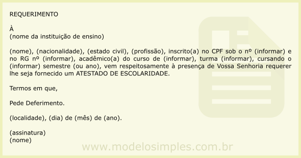 Modelo de Requerimento de Atestado de Escolaridade