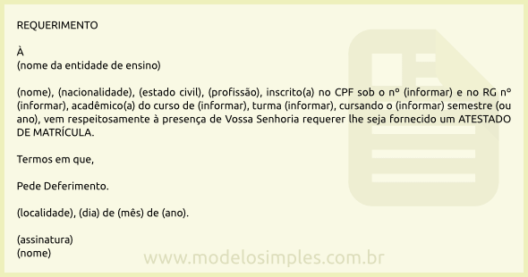 Modelo de Requerimento de Atestado de Matrícula