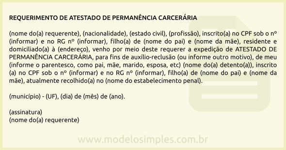 Modelo de Requerimento de Atestado de Permanência Carcerária