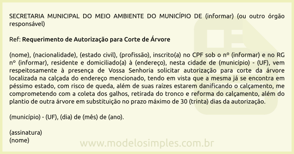 Modelo de Requerimento de Autorização para Corte de Árvore