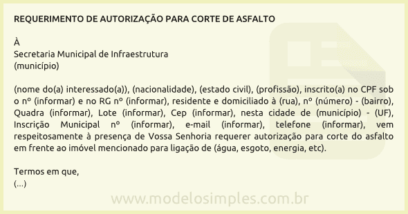 Modelo de Requerimento de Autorização para Corte de Asfalto