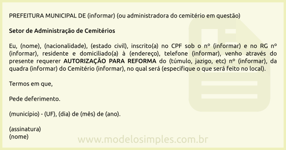 Modelo de Requerimento de Autorização para Reforma de Túmulo