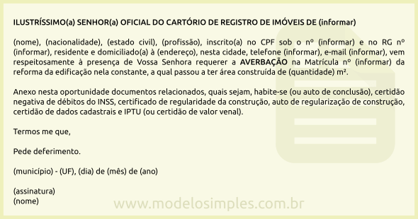 Modelo de Requerimento de Averbação de Acréscimo da Área Construída