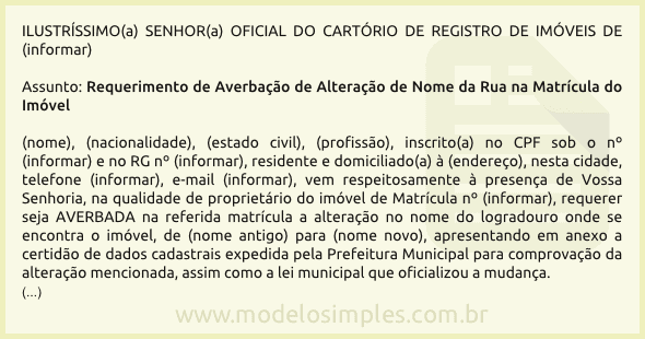 Modelo de Requerimento de Averbação de Alteração do Nome da Rua