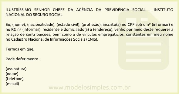 Modelo de Requerimento de Cadastro Nacional de Informações Sociais