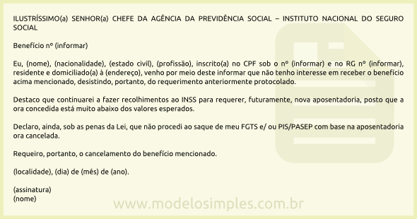 Modelo de Requerimento de Cancelamento de Benefício