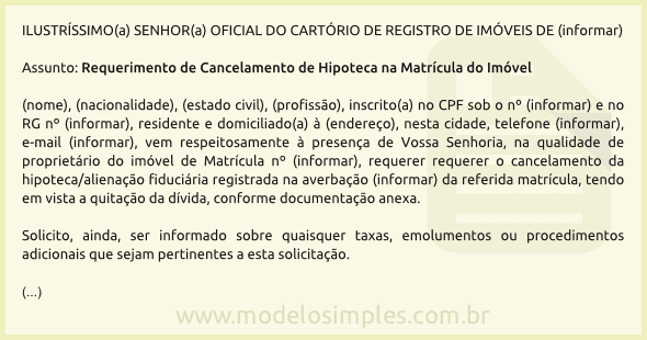 Modelo de Requerimento de Cancelamento de Registro de Hipoteca