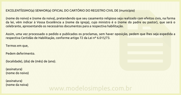 Modelo de Requerimento de Certidão de Habilitação para Casamento