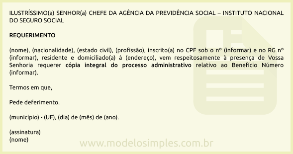 Modelo de Requerimento de Cópia do Processo Previdenciário do INSS