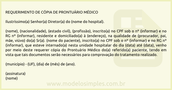 Modelo de Requerimento de Cópia de Prontuário Médico de Terceiro