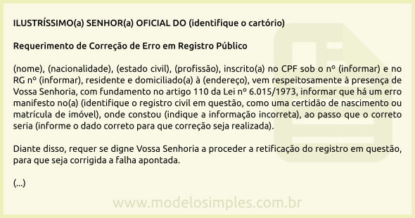 Modelo de Requerimento de Correção de Erro em Registro Público no Cartório