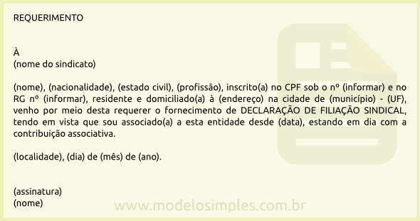 Modelo de Requerimento de Declaração de Associação Sindical