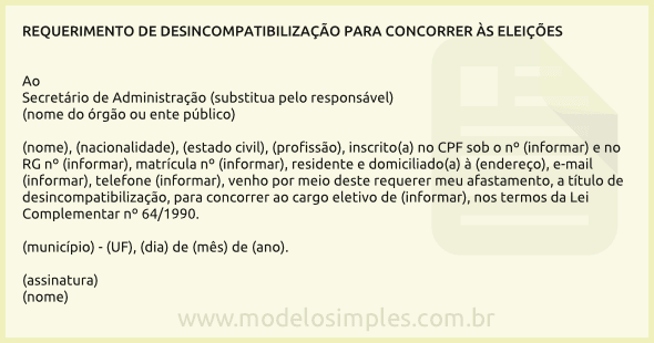 Modelo de Requerimento de Desincompatibilização para Concorrer às Eleições