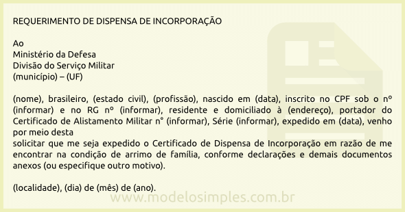 Modelo de Requerimento de Dispensa de Incorporação