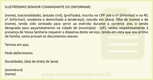 Modelo de Requerimento de Dispensa do Serviço Militar