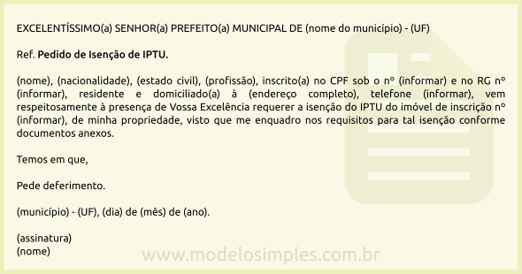 Modelo de Requerimento de Isenção de IPTU