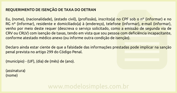 Modelo de Requerimento de Isenção de Taxa do Detran