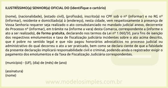 Modelo de Requerimento de Isenção de Taxas do Cartório