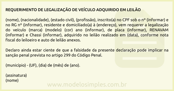 Modelo de Requerimento de Legalização de Veículo Adquirido em Leilão