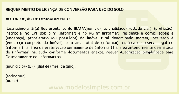 Modelo de Requerimento de Licença e Autorização para Desmatamento