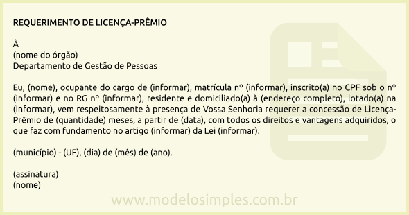 Modelo de Requerimento de Licença-Prêmio